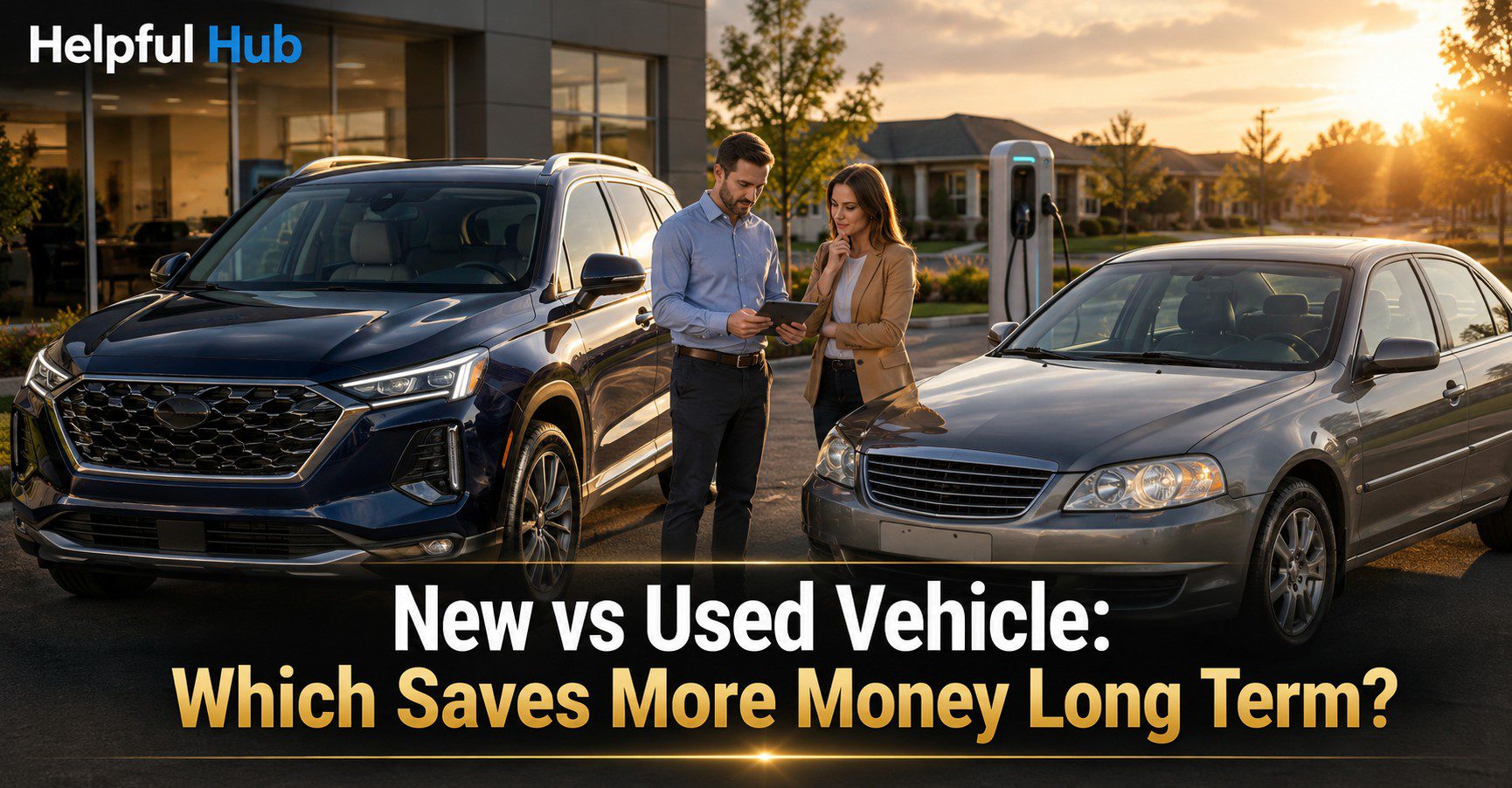 New vs used vehicle long-term cost comparison with new SUV and used sedan at a US dealership