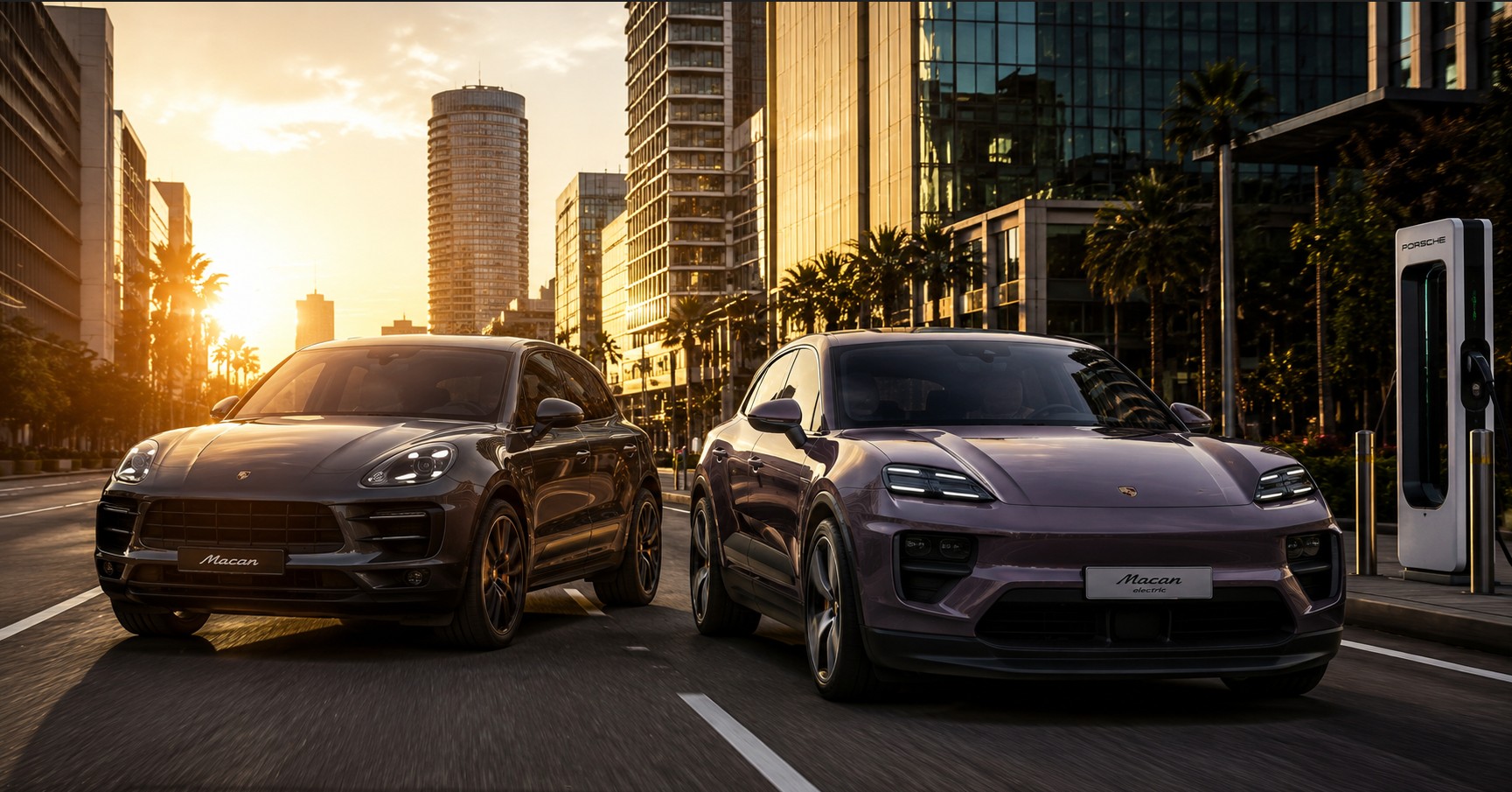 Gasoline Porsche Macan and electric Porsche Macan driving through a modern American city during the EV transition