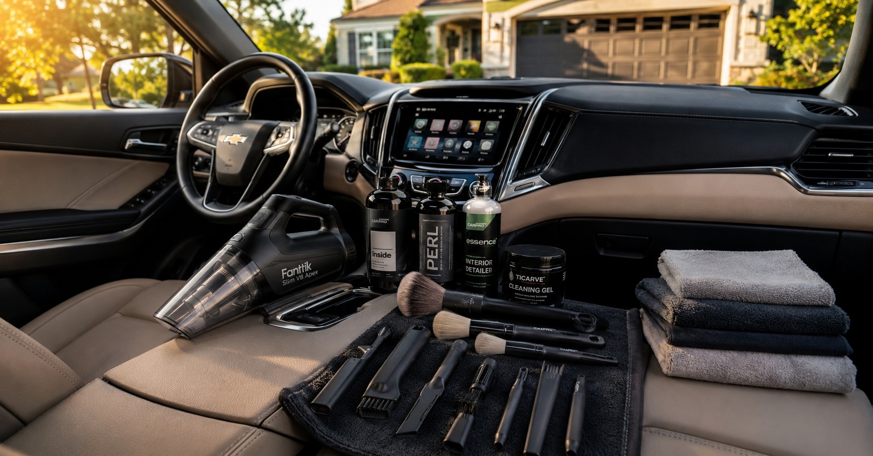 Professional car interior detailing kit with vacuum, brushes, microfiber towels, and cleaning gel inside a modern SUV