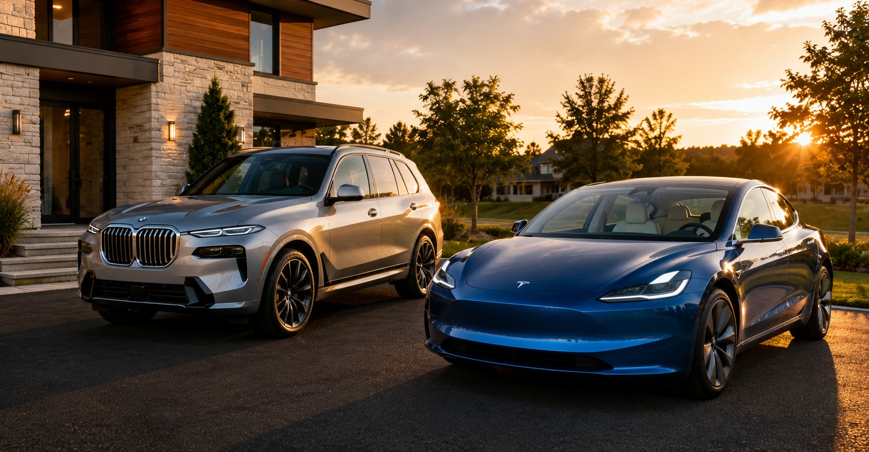 A silver 2023 SUV and a blue electric sedan parked in a modern US suburban driveway at sunset.