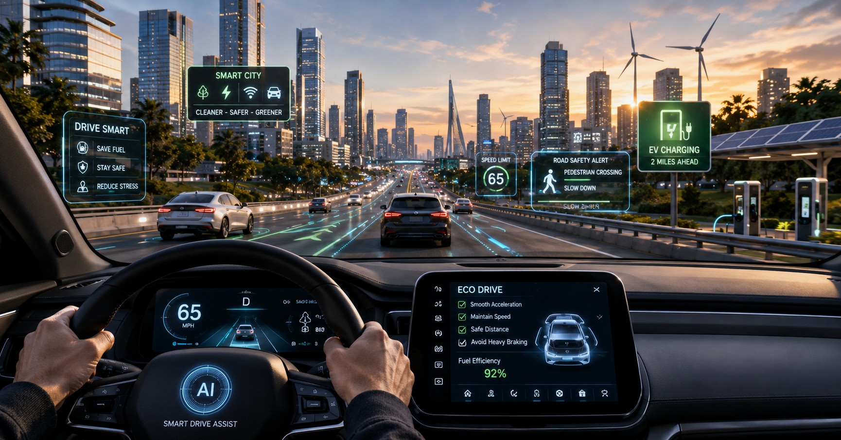 Smart driver using advanced vehicle safety technology on a modern US highway