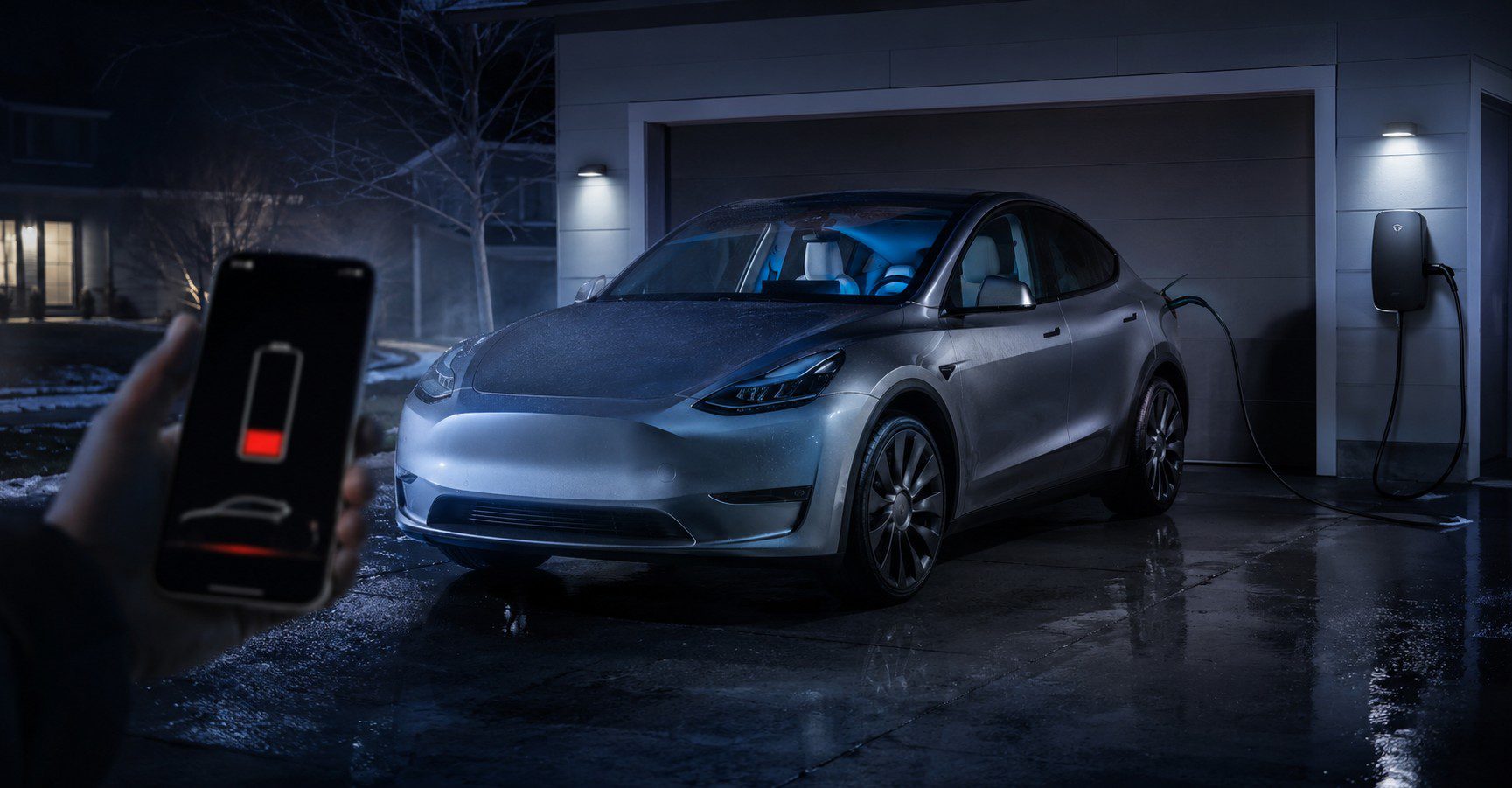 Tesla-inspired electric SUV parked at night showing phantom battery drain troubleshooting concept