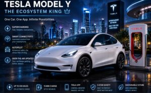 Futuristic Tesla Model Y charging in advanced American smart city environment at night