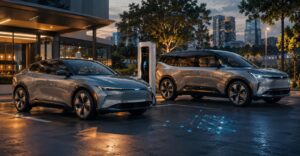 Toyota-inspired electric crossover and future mobility scene in the United States with EV charging and smart transportation atmosphere