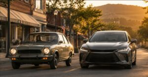 Toyota history in America with classic and modern Toyota-inspired vehicles in a United States roadside setting