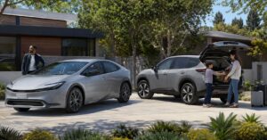Toyota-inspired hybrid vehicles in America including a hybrid sedan and hybrid SUV near a suburban road and fuel-saving lifestyle setting