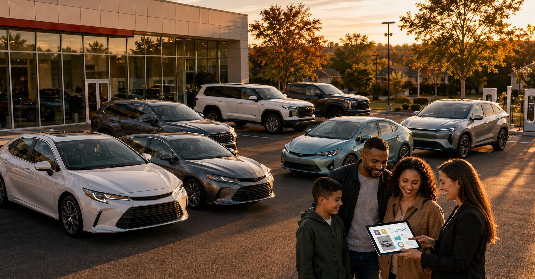 Toyota in US complete guide with modern Toyota-inspired SUV sedan truck and hybrid vehicle in an American dealership setting