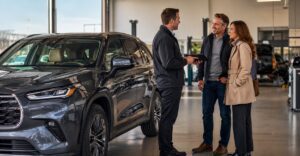 Toyota-inspired vehicle ownership and reliability scene with a driver, service advisor, and well-maintained car in a US dealership service setting