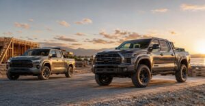 Toyota-inspired midsize and full-size trucks on an American road and outdoor setting