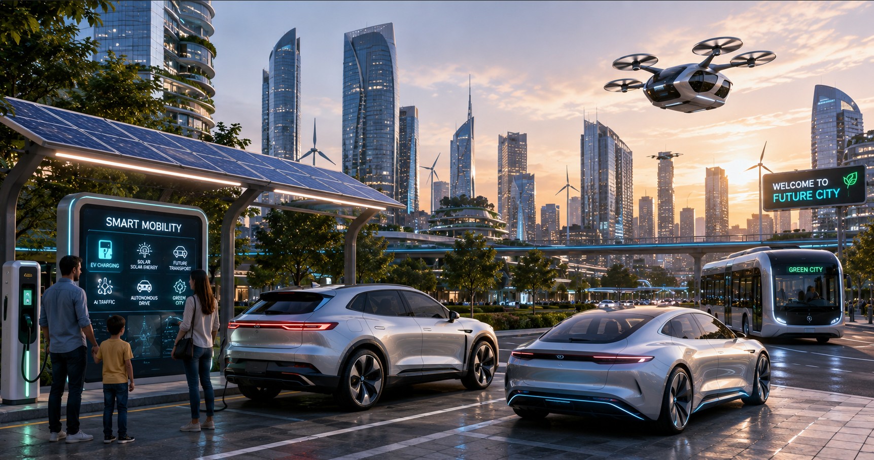 Modern American family comparing SUVs and electric vehicles at a premium dealership during sunset