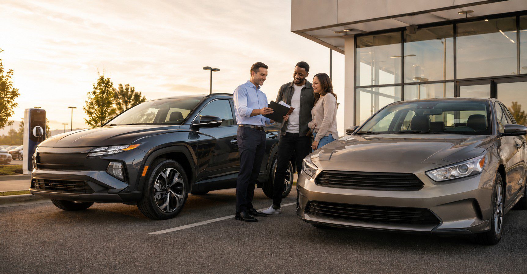 First-time car buyer comparing a new compact SUV and used sedan at a US dealership
