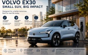 Futuristic Volvo EX30 compact electric SUV charging in modern American smart suburb at sunset